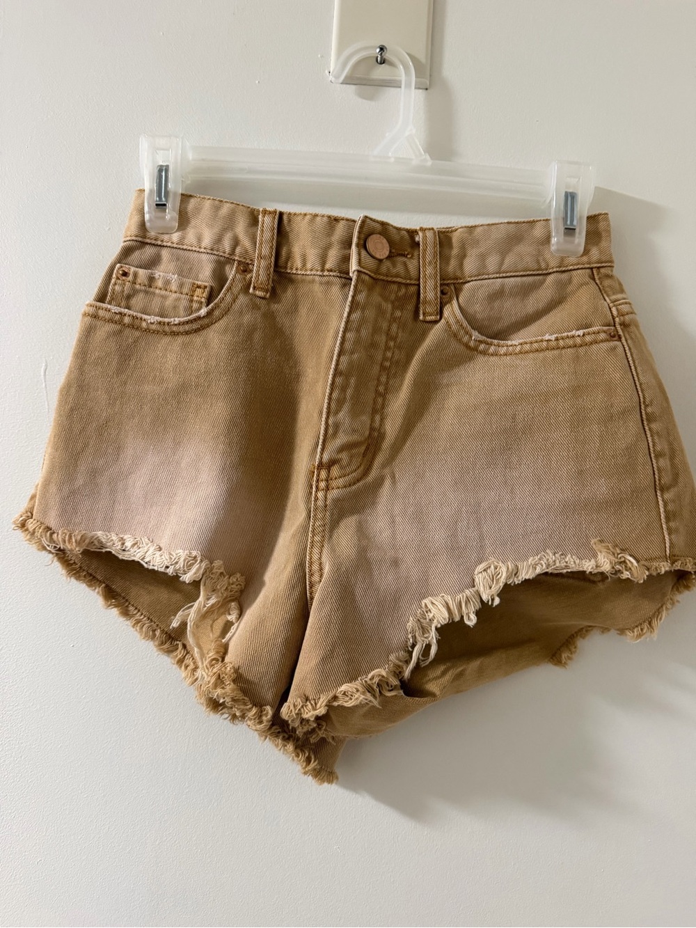 BDG Cheeky Shorts Womens 24 Tan Good High Rise Frayed Hem Denim